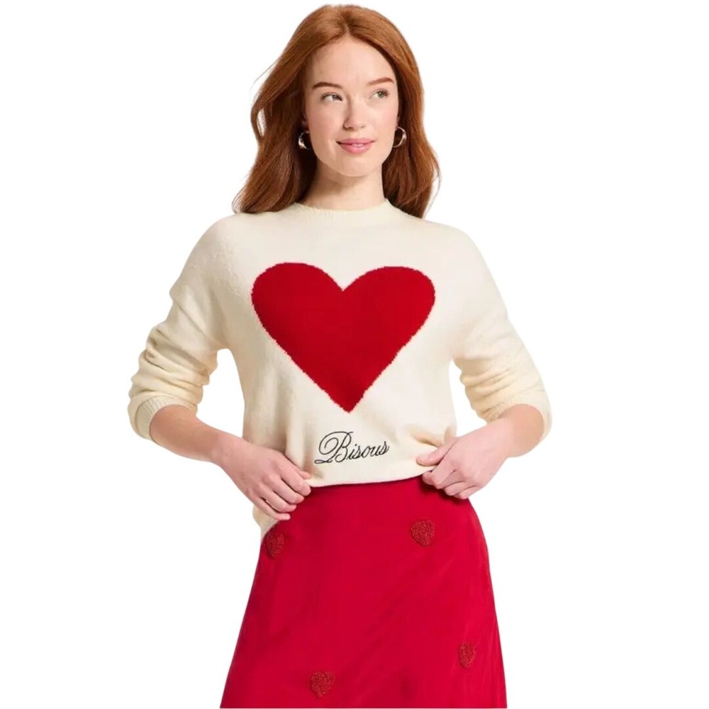 A New Day Women's White Red Heart Bisous Pullover Long Sleeve Sweater Size M